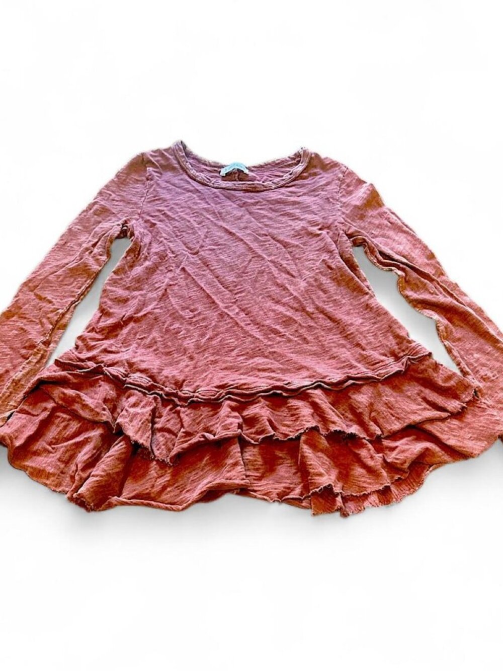 Altar’d State rust/terracotta colored long sleeve ruffle top with tiered hem